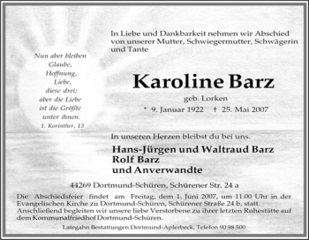 Traueranzeige von Karoline Barz von Tageszeitung