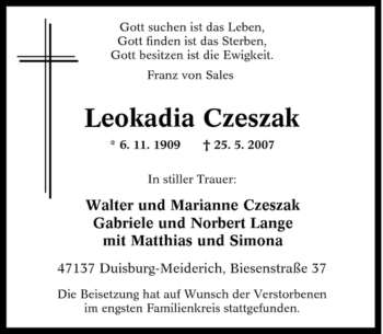 Traueranzeige von Leokadia Czeszak von Tageszeitung