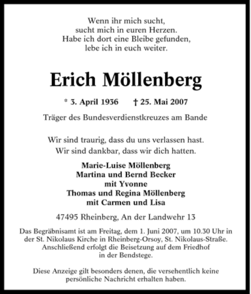  Traueranzeige für Erich Möllenberg vom 31.05.2007 aus Tageszeitung