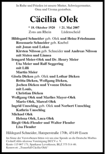 Traueranzeige von Cäcilia Olek von Tageszeitung
