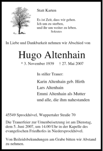 Traueranzeige von Hugo Altenhain von Tageszeitung