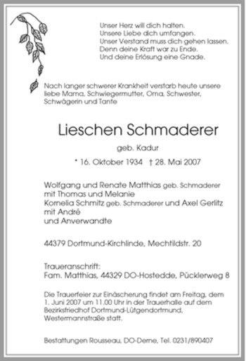 Traueranzeige von Lieschen Schmaderer von Tageszeitung