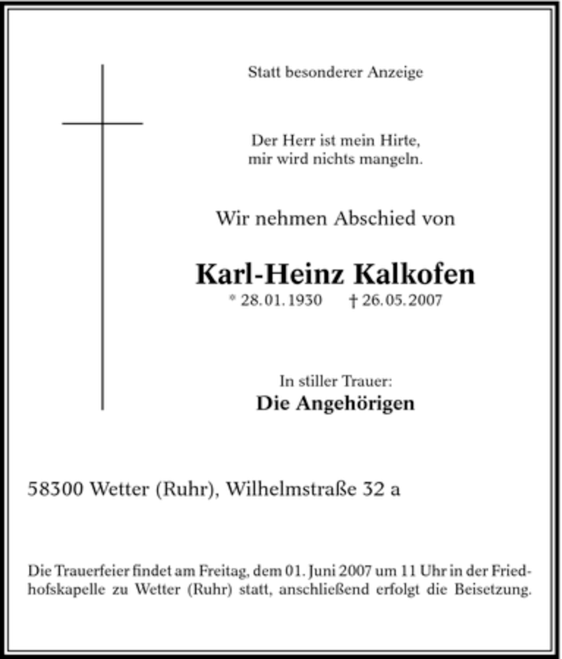  Traueranzeige für Karl-Heinz Kalkofen vom 31.05.2007 aus Tageszeitung