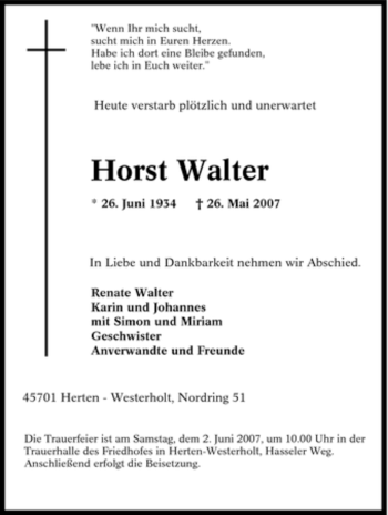 Traueranzeige von Horst Walter von Tageszeitung