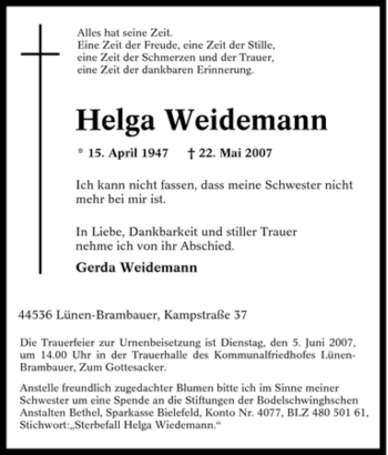 Traueranzeige von Helga Weidemann von Tageszeitung