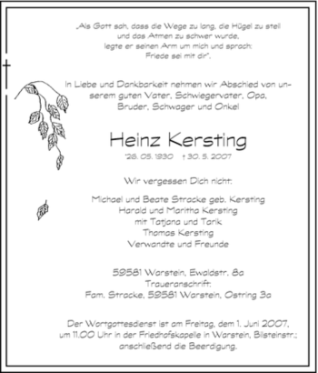 Traueranzeige von Heinz Kersting von Tageszeitung