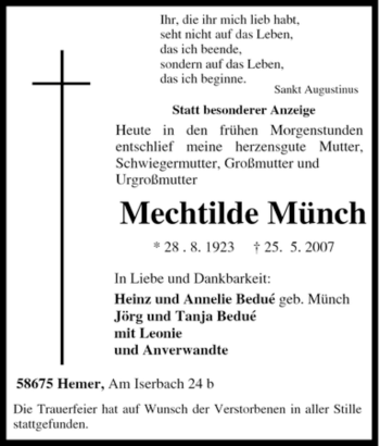 Traueranzeige von Mechtilde Münch von Tageszeitung