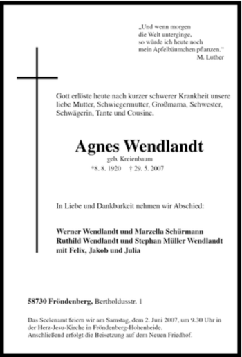 Traueranzeige von Agnes Wendlandt von Tageszeitung