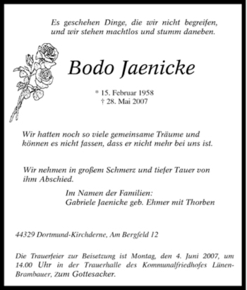 Traueranzeige von Bodo Jaenicke von Tageszeitung