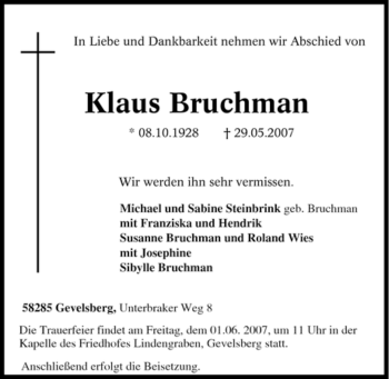 Traueranzeige von Klaus Bruchman von Tageszeitung