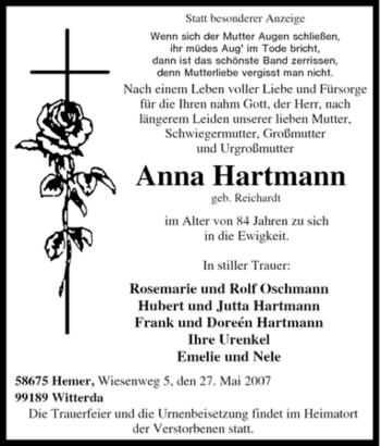 Traueranzeige von Anna Hartmann von Tageszeitung