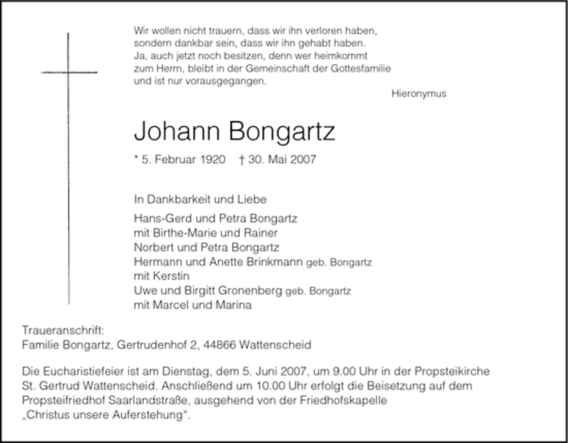  Traueranzeige für Johann Bongartz vom 31.05.2007 aus Tageszeitung