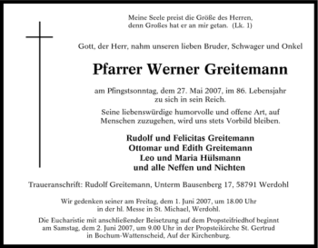 Traueranzeige von Pfarrer Werner Greitemann von Tageszeitung