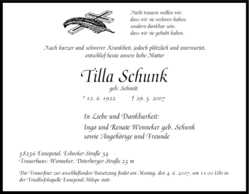 Traueranzeige von Tilla Schunk von Tageszeitung