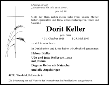Traueranzeige von Dorit Keller von Tageszeitung