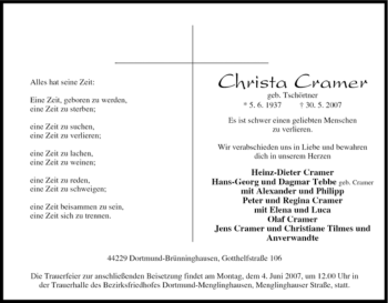 Traueranzeige von Christa Cramer von Tageszeitung