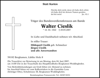 Traueranzeige von Walter Cieslik von Tageszeitung