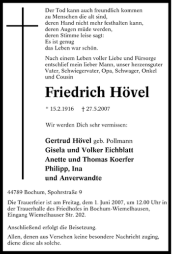 Traueranzeige von Friedrich Hövel von Tageszeitung