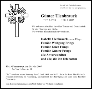 Traueranzeige von Günter Ulenbrauck von Tageszeitung