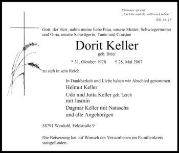 Traueranzeige von Dorit Keller von Tageszeitung