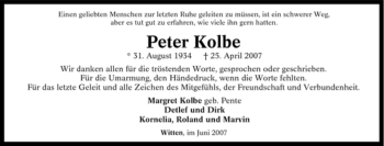 Traueranzeige von Peter Kolbe von Tageszeitung
