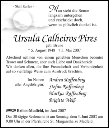 Traueranzeige von Ursula Calheiros Pires von Tageszeitung
