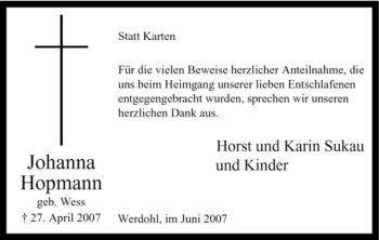 Traueranzeige von Johanna Hopmann von Tageszeitung
