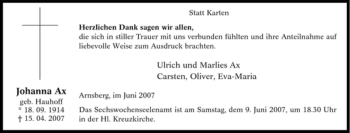 Traueranzeige von Johanna Ax von Tageszeitung