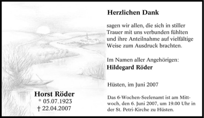  Traueranzeige für Horst Röder vom 02.06.2007 aus Tageszeitung