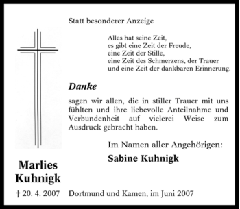 Traueranzeige von Marlies Kuhnigk von Tageszeitung