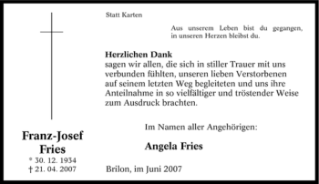 Traueranzeige von Franz-Josef Fries von Tageszeitung