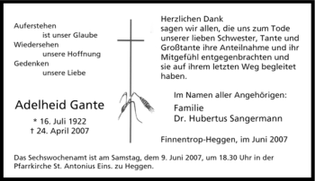 Traueranzeige von Adelheid Gante von Tageszeitung