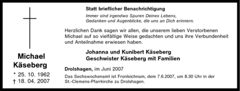  Traueranzeige für Michael Käseberg vom 02.06.2007 aus Tageszeitung
