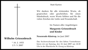 Traueranzeige von Wilhelm Griesenbruch von Tageszeitung