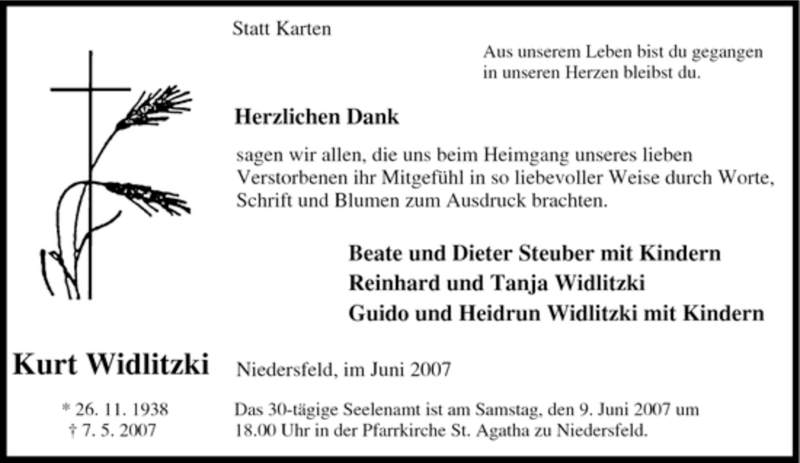  Traueranzeige für Kurt Widlitzki vom 02.06.2007 aus Tageszeitung