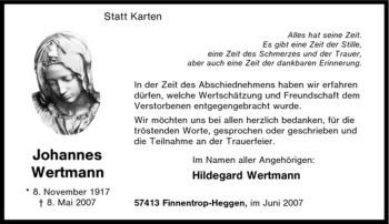 Traueranzeige von Johannes Wertmann von Tageszeitung