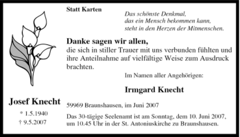Traueranzeige von Josef Knecht von Tageszeitung