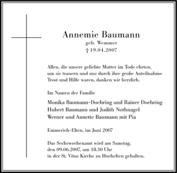 Traueranzeige von Annemie Baumann von Tageszeitung