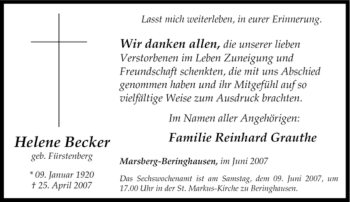 Traueranzeige von Helene Becker von Tageszeitung