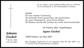 Traueranzeige von Johann Gockel von Tageszeitung
