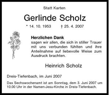 Traueranzeige von Gerlinde Scholz von Tageszeitung