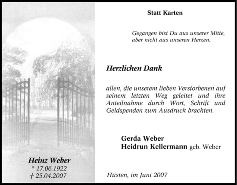  Traueranzeige für Heinz Weber vom 02.06.2007 aus Tageszeitung