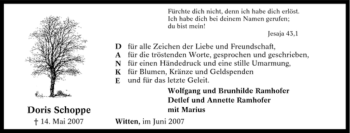 Traueranzeige von Doris Schoppe von Tageszeitung