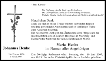 Traueranzeige von Johannes Henke von Tageszeitung