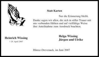 Traueranzeige von Heinrich Wissing von Tageszeitung