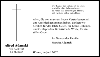 Traueranzeige von Alfred Adamski von Tageszeitung
