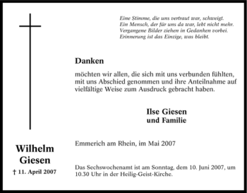 Traueranzeige von Wilhelm Giesen von Tageszeitung