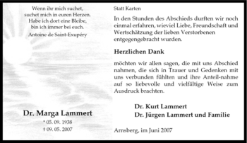 Traueranzeige von Marga Lammert von Tageszeitung