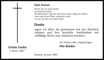 Traueranzeige von Gisela Guder von Tageszeitung