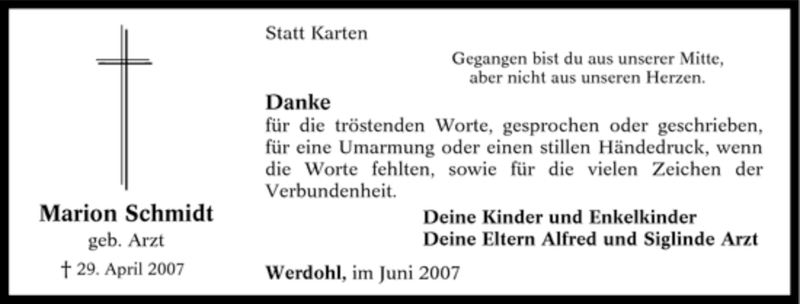  Traueranzeige für Marion Schmidt vom 02.06.2007 aus Tageszeitung